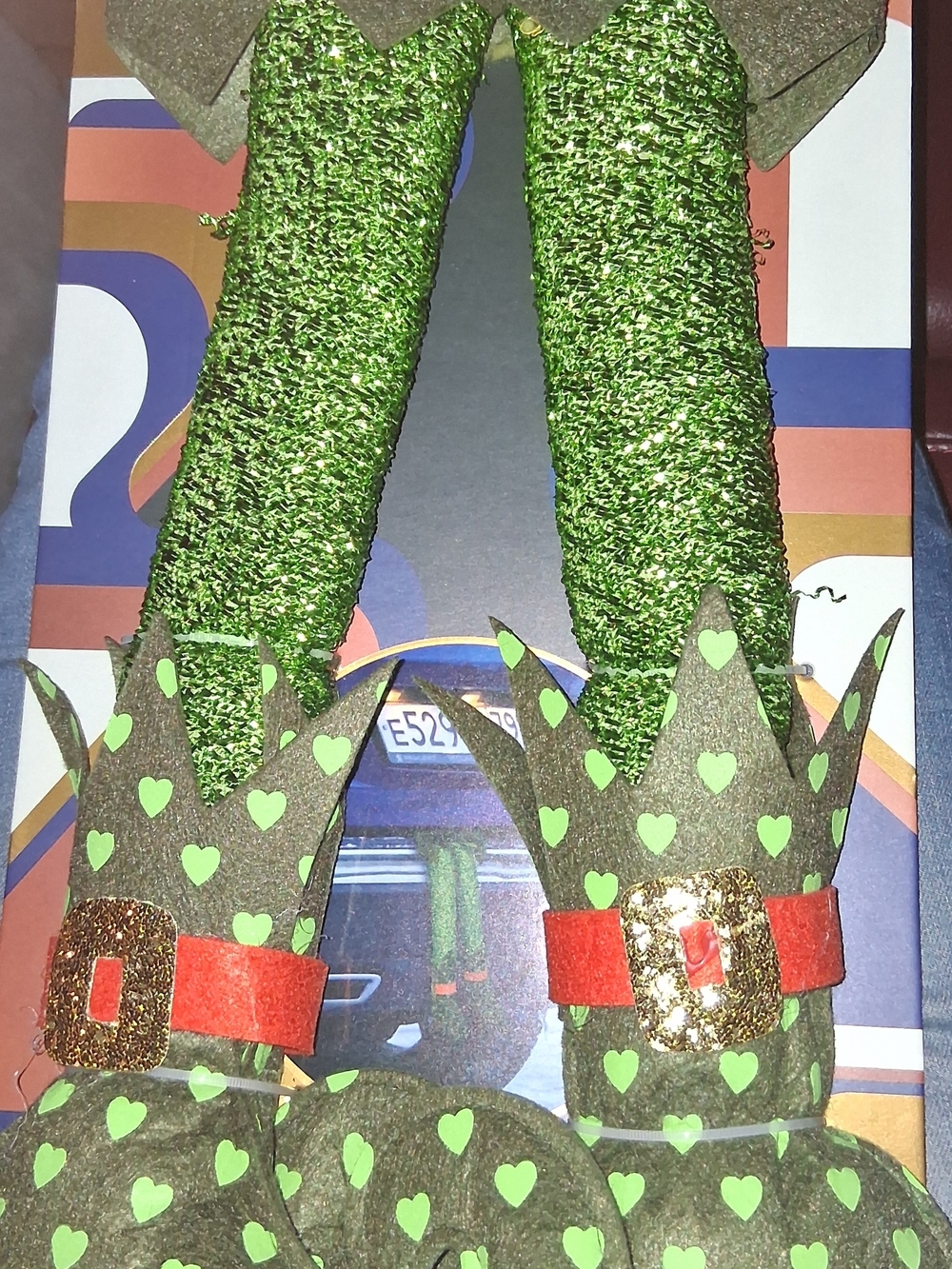 Green Glitter Elf Legs with Heart-Patterned Boots. Weather Resistant Car Decor.